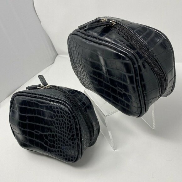 Set of 2 Nieman Marcus Black Croc Leather Makeup Clutch - Picture 2 of 8